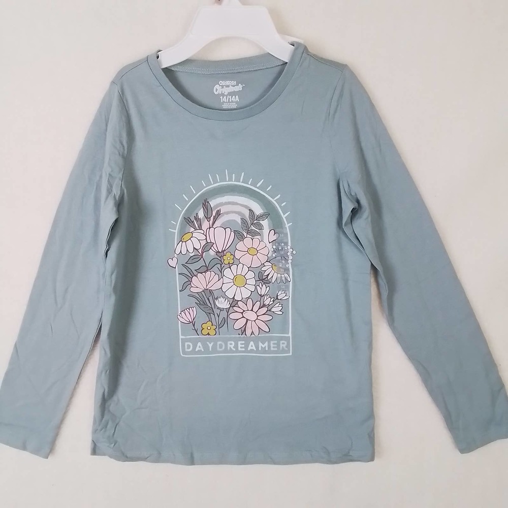Oshkosh Long Sleeve Cotton T-Shirt Girl's Size 14 Green w/‎ Garden Theme